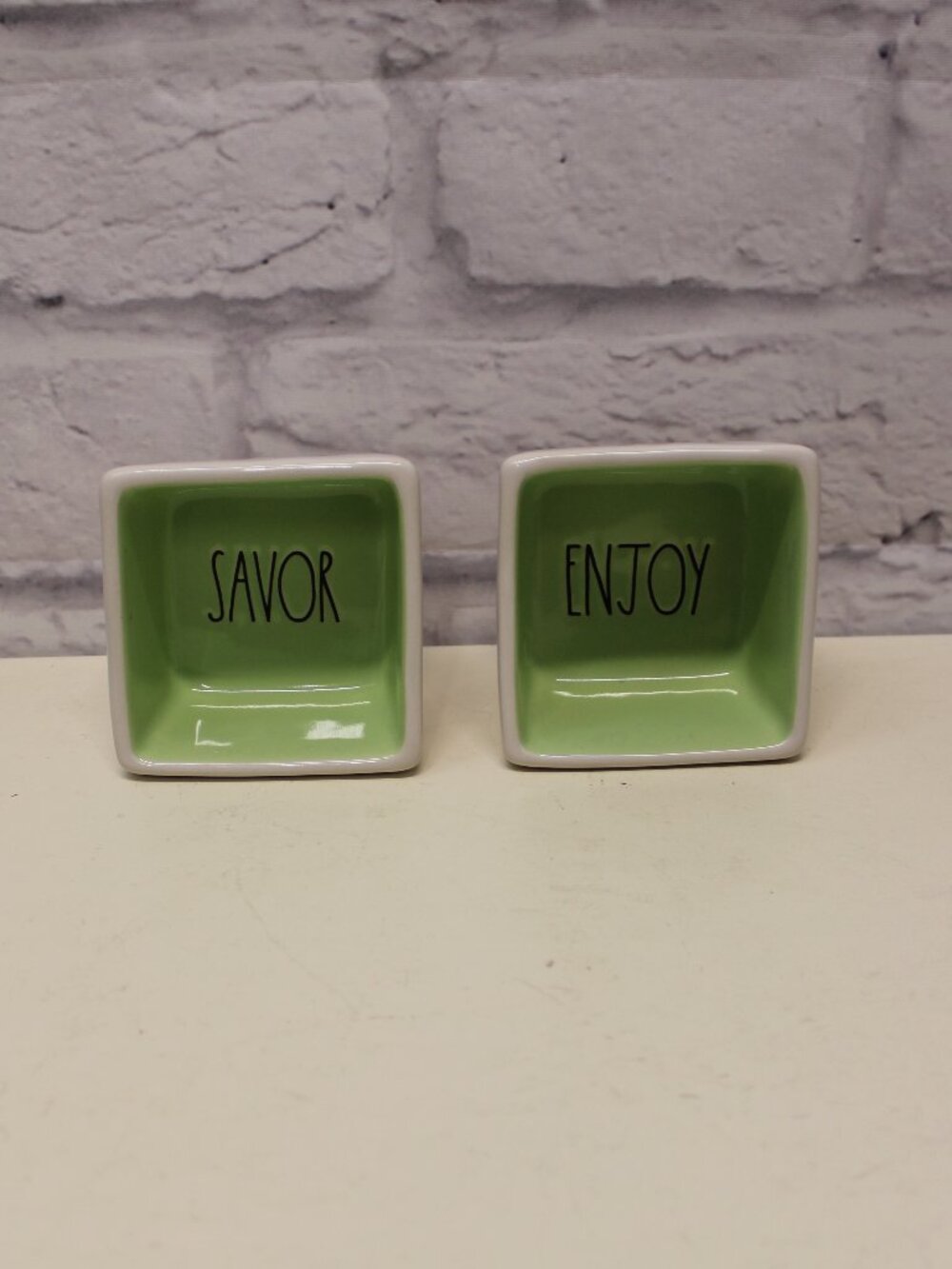 Rae Dunn Artisan Collection Green White Ceramic Square Dipping Bowls Set of 2